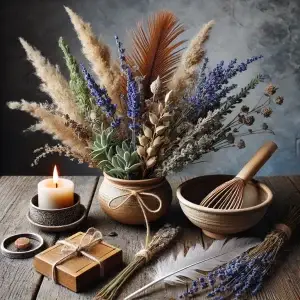 Un bouquet séché de salicorne, lavande de mer, roseaux et joncs, noué avec une ficelle naturelle, accompagné d'une plume, d'une bougie, et d'un bol.