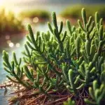 Une représentation réaliste de la salicorne avec ses tiges vertes et charnues, poussant dans un environnement de marais côtiers.