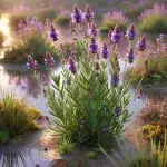 Une illustration réaliste de la lavande de mer avec ses fleurs violettes délicates et ses tiges vertes dans un environnement de marais côtiers.