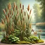 Illustration réaliste des roseaux et joncs avec leurs longues tiges et épis bruns, poussant dans un environnement de marais paisible.